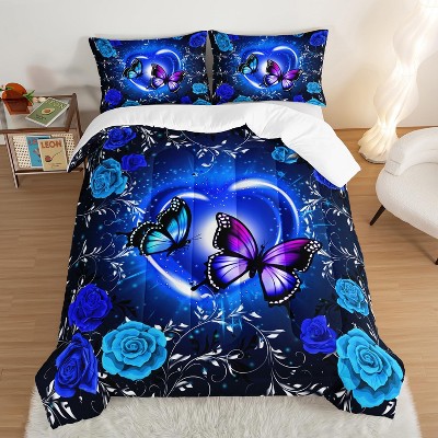 Acoinel 3 Pcs Butterfly and Rose Lightwight Ultra Soft Comforter Set with 2 Pillowcases, Blue