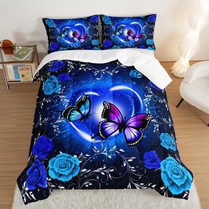 Acoinel 3 Pcs Butterfly and Rose Lightwight Ultra Soft Comforter Set with 2 Pillowcases, Blue - 1 of 4