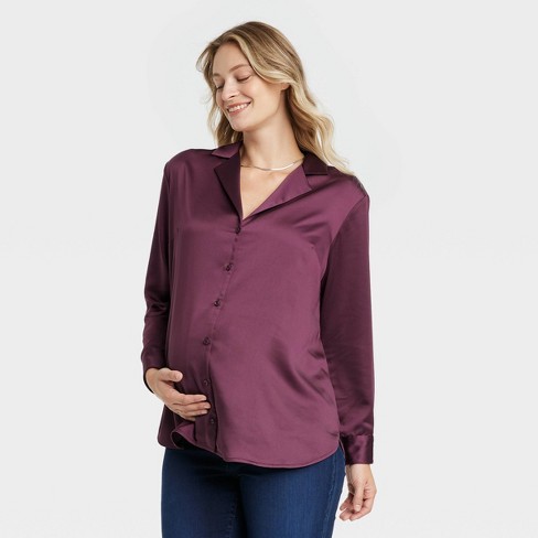 Long Sleeve Satin Button-Front Maternity Shirt - Isabel Maternity by Ingrid  & Isabel™ Maroon XS