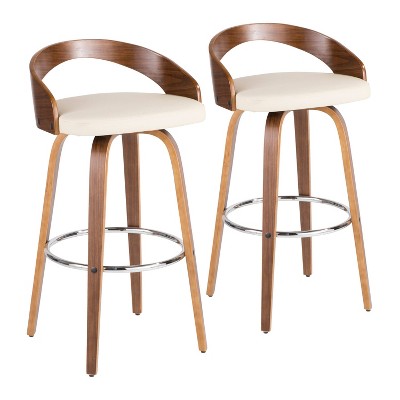 Set Of 2 Grotto Mid Century Modern Barstools Faux Leather Walnut