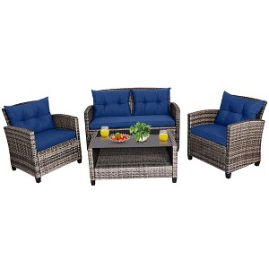 Tangkula 4PCS Rattan Furniture Set Coffee Table Cushioned Sofa Garden Lawn Patio Navy - 1 of 4