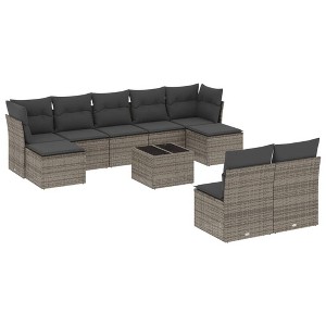 vidaXL 10 Piece Patio Sofa Set with Cushions Gray Poly Rattan - With Table - 1 of 4