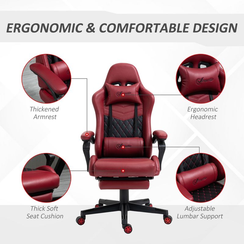 Vinsetto Racing Gaming Chair Diamond PU Leather Office Gamer Chair High Back Swivel Recliner with Footrest, Lumbar Support, Adjustable Height, 6 of 8
