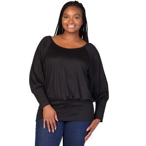 24seven Comfort Apparel Plus Size Round Neck Long Blouson Sleeve Banded Bottom Top - 1 of 4