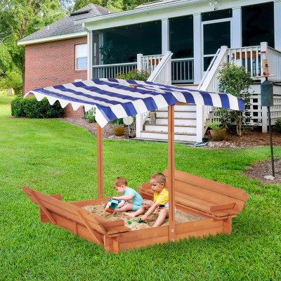 JUJABU 46'' Wooden Sand Box with 2 Foldable Bench Seats