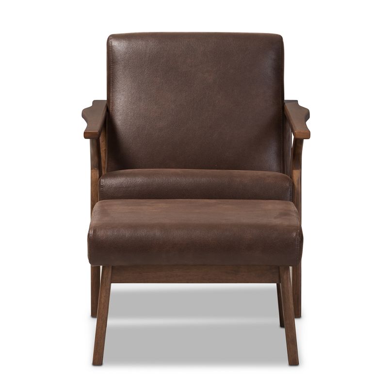 Bianca Mid Century Modern Walnut Wood Distressed Faux Leather Lounge Chair and Ottoman Set Dark Brown - Baxton Studio, 3 of 10