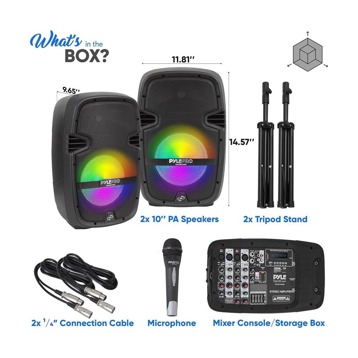 Pyle 10" Bluetooth PA Speaker & DJ Mixer Kit with LED Lights, 8-Ch. Mixer, and Microphone - PPHP210AMX - thumbnail 7