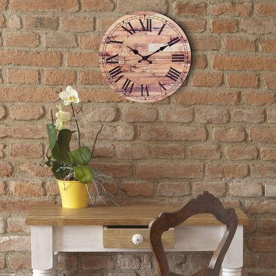 14-Inch Rustic Brown Wooden Roman Numeral Wall Clock