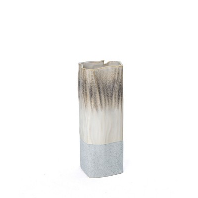 HomeRoots 12" Brown Light Blue And Off White Color Block Square Ceramic Table Vase