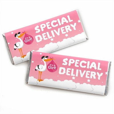 Big Dot of Happiness Girl Special Delivery - Candy Bar Wrapper Pink It's a Girl Stork Baby Shower Favors - Set of 24