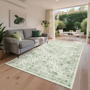 Washable Vintage  Medallion Rug Non Slip Low Pile Rug Soft RetroThrow Floor Cover Foldable Indoor Carpet for Living Room Bedroom Playroom Nursery - 1 of 4