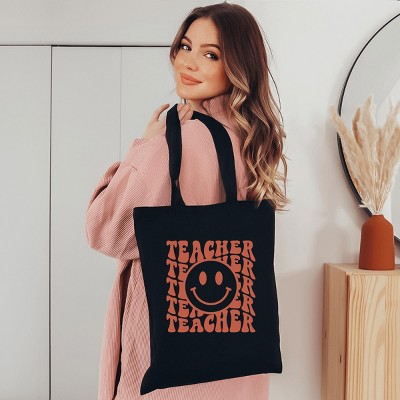 Simply Sage Market Teacher Smiley Face Wavy Canvas Tote - One Size Natural - Black