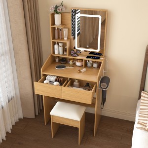 KWPZQEB Vanity Desk with Mirror & Adjustable LED Lights, Makeup Vanity Desk with Hairdryer Holder, Power Outlet & Stool, Dressing Table for Bedroom - 1 of 4