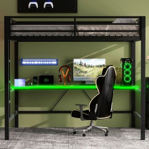 NicBex Twin/Full Size Metal Gaming Loft Bed with LED Lights,Desk,Charging Station&Guardrails,Multifunctional Loft Bed for Gamers&Teens,250lbs Max - 1 of 4