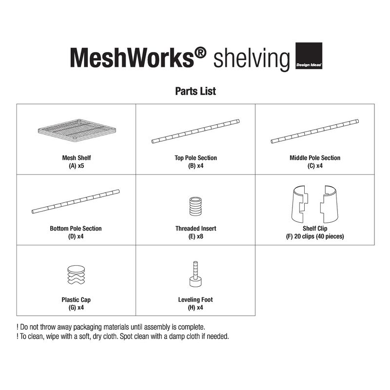 Design Ideas MeshWorks 6 Tier Narrow Metal Storage Shelving Tower for Kitchen, Bathroom, or Garage Organization, 17.7” x 17.7” x 70.9”, White, 5 of 7