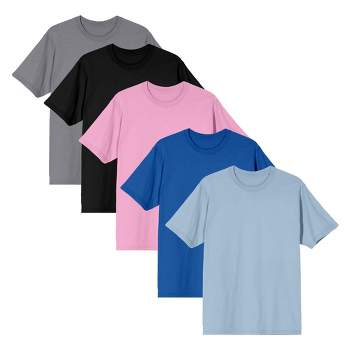Adult Gray, Black, Pink, Blue and Light Blue 5-Pack Crew Neck Short Sleeve Tee-Large