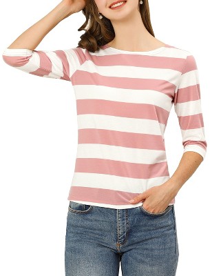 INSPIRE CHIC Women's Stripes Casual Basic Elbow Sleeves Boat Neck Slim Fit T-Shirts