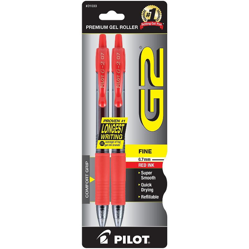 Pilot G2 Retractable Gel Pens Fine Point Red Ink 2 Pack (31033) 460225, 1 of 5