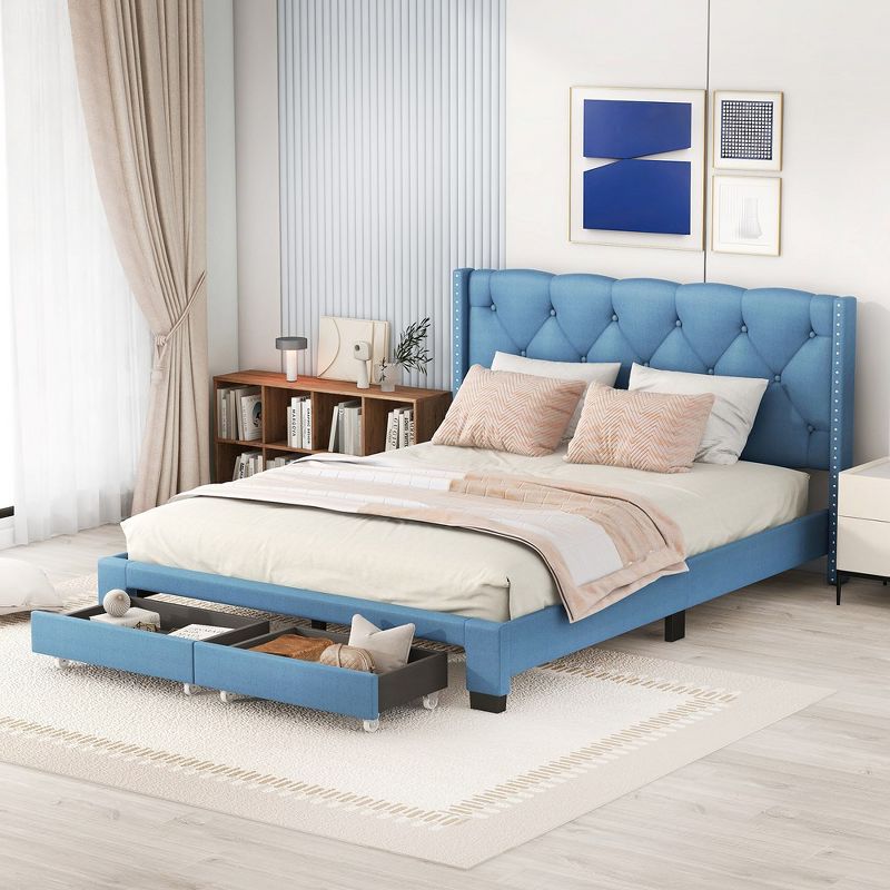 Queen Size Platform Bed With 2 Drawers Linen Upholstered Bed Frame With Storage For Bedroom No Box Spring Needed, 2 of 6
