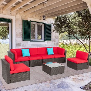 Celebalcony 7-Piece All-Weather Wicker Patio Set – Outdoor Sectional Sofa with Cushions, Pillows & Glass Coffee Table Red - 1 of 4