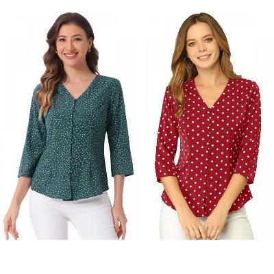 INSPIRE CHIC Women's Polka Dots 3/4 Sleeve Casual Button Front Shirt 2 Pieces