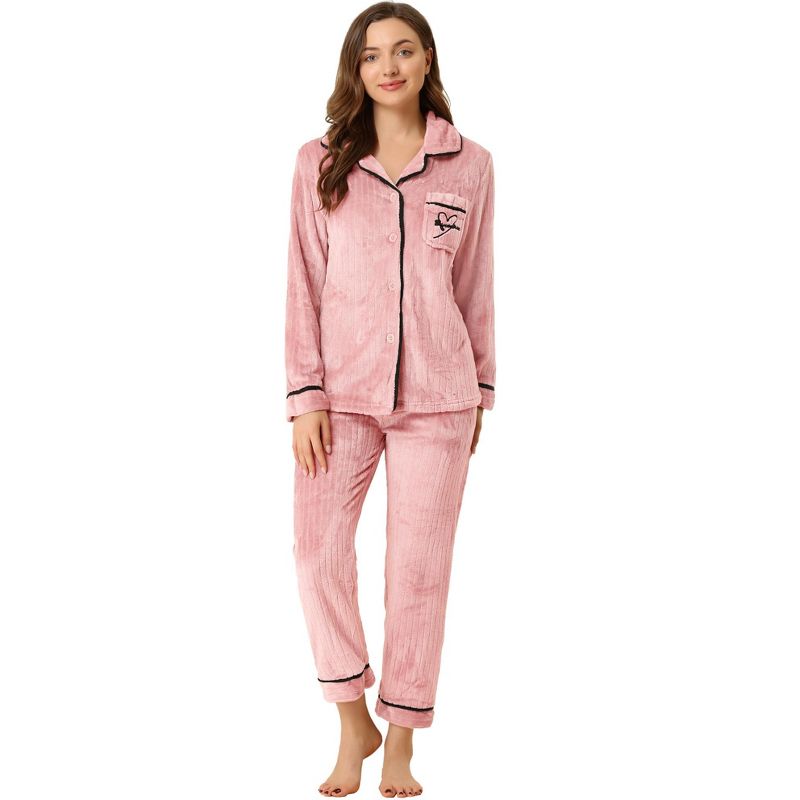 Allegra K Women's Flannel Button Down Lounge Winter Long Sleeves Pajama Sets, 1 of 7