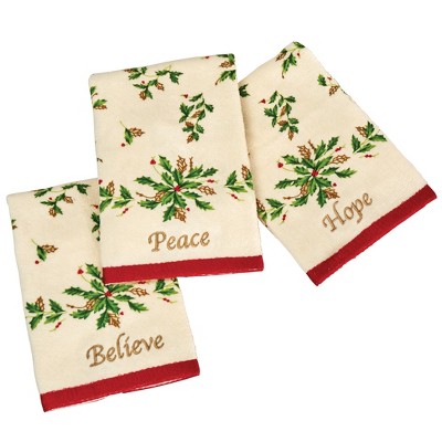 Collections Etc Inspirational Holly Leaves Fingertip Ivory Towels - Set of 3 Red