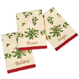 Collections Etc Inspirational Holly Leaves Fingertip Ivory Towels - Set of 3 Red - 1 of 2