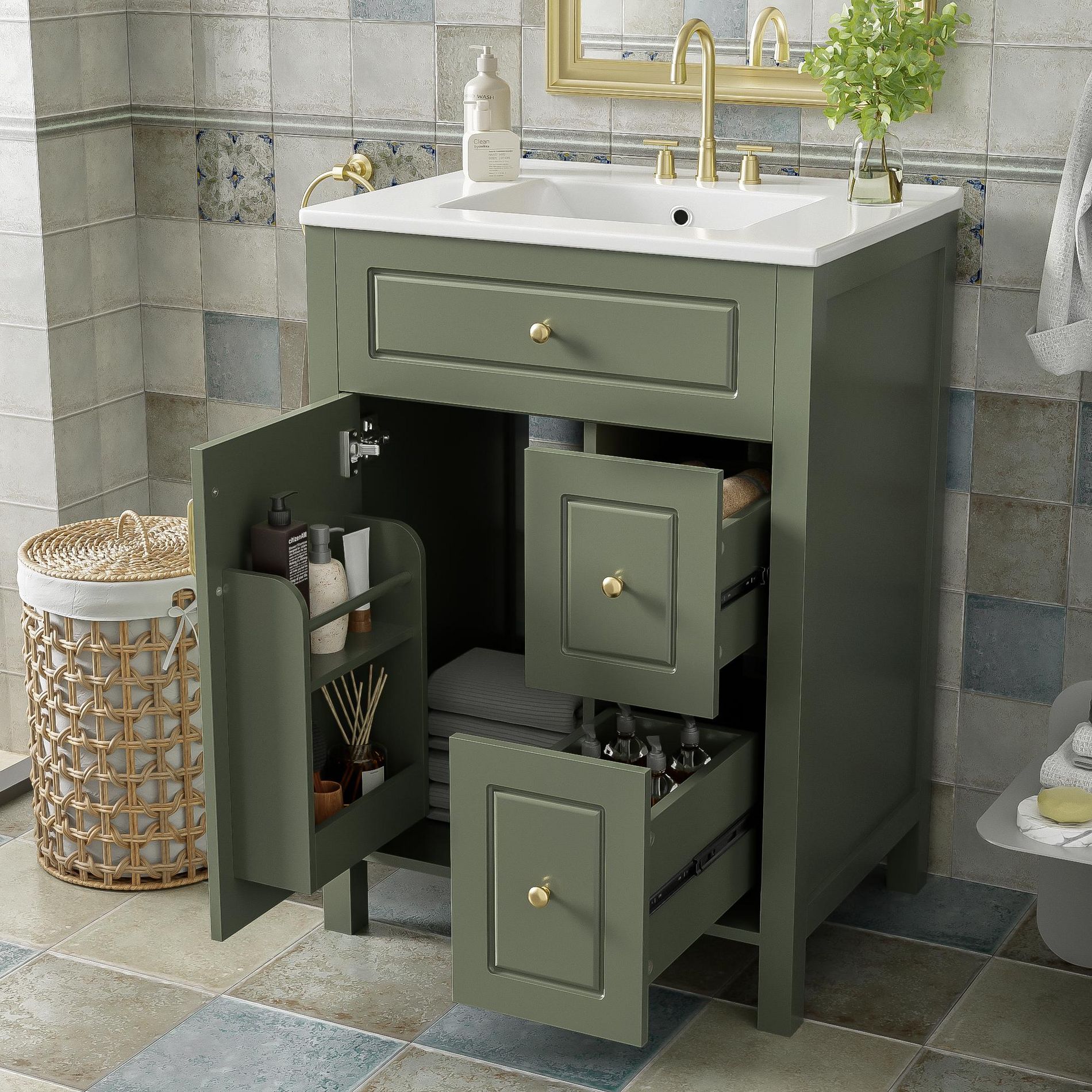 24" Small Bathroom Vanity Sink Combo with Drawers, Bathroom Floor Cabinet with Shelf and Soft Close Door, Green