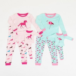 Leveret Girls Cotton Pajamas with Matching Doll Outfit – 2 Pack – Horse & Flamingo - 1 of 4