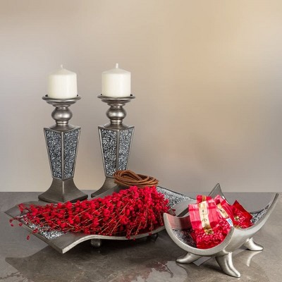 Silver Crackled Mosaic Polyresin Candlestick Set