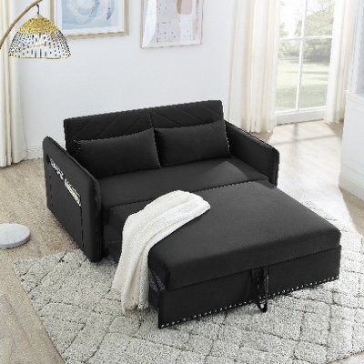 XIYUYEU Sleeper Sofa Bed with USB Port, 3-in-1 Adjustable Loveseat Sofa with Pull-Out Bed, Convertible Sofa with Lumbar Pillows and Side Pocket/Black