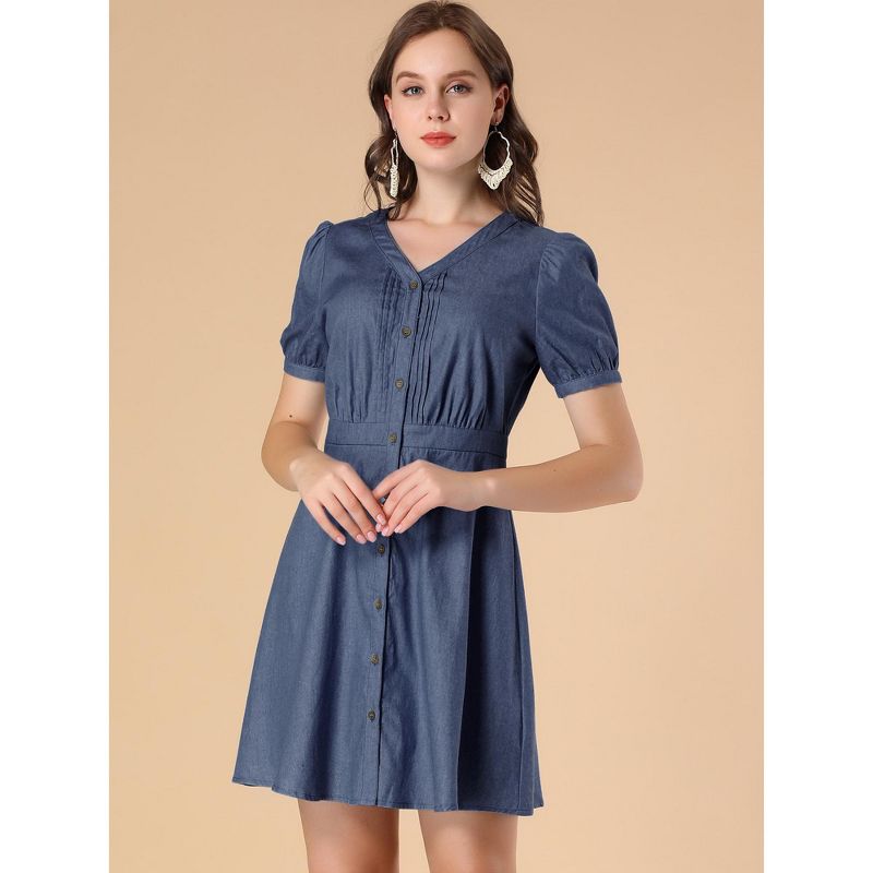 Allegra K Women's Puff Short Sleeve  Button Down V Neck Cotton A-Line Chambray Mini Dress, 3 of 7