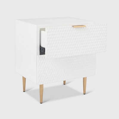 White Honeycomb 2-Drawer Side Table with Gold Accents