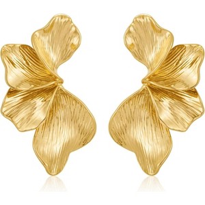 Gold Plated Statement Earrings - Chunky Floral Leaf & Angel Wing Design, Large Hypoallergenic Studs for Women - 1 of 4
