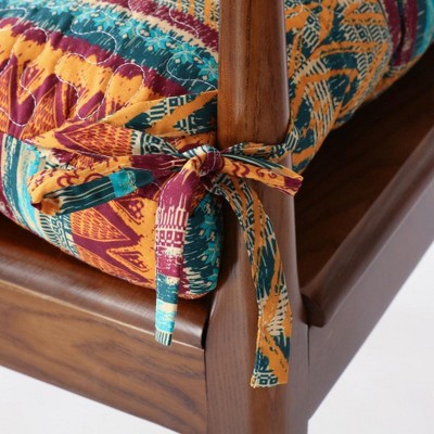 Southwest Teal Cotton and Polyester Chair Cushion with Ties