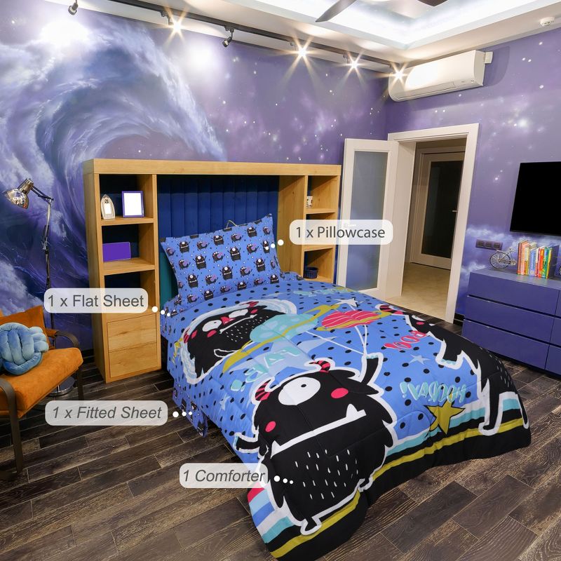 PiccoCasa Kids Microfiber All-season Monster Pattern Bedroom Comforter Sets 4 Pcs Twin Navy Black, 2 of 8
