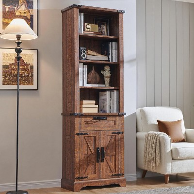 Farmhouse Bookshelf with Storage Cabinet, 72" Tall Bookcase with Drawer and Barn Door for Office Library, Living Room