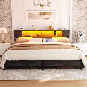 Besiost Bed Frame with Storage Headboard, Bedframe with Charging Station and LED Light - 1 of 4
