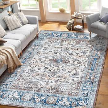 Washable Rug Vintage Bohemian Medallion Area Rugs with Non-Slip Backing Non-Shedding Floor Mat, 8' x 10' Blue Beige