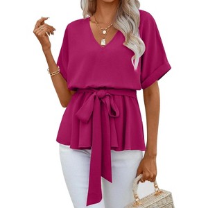 Imily Bela Women Summer V Neck Blouse Casual Short Sleeve Belted Tee Tops - 1 of 4
