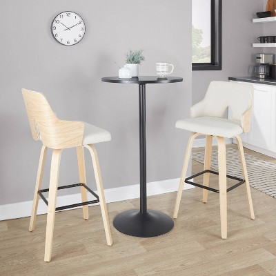 Set of 2 Cream and Natural Wood Swivel Barstools with Black Metal Footrest