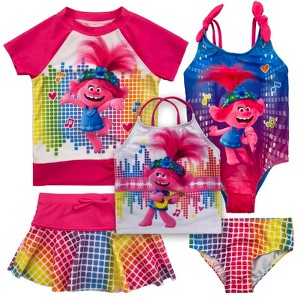 Trolls Kindi Kids JoJo Siwa Poppy Unicorn Girls One Piece Bathing Suit Bikini Top Rash Guard Skirt and Bottom 5 Swimsuit Set Toddler - 1 of 4