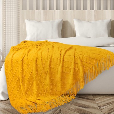 Mustard Yellow Knitted Fleece Reversible Throw Blanket