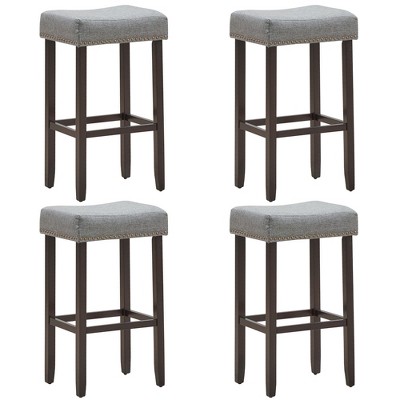 Costway Set of 4 Nailhead Saddle Bar Stools 29'' Height w/ Fabric Seat & Wood Legs Gray/Beige