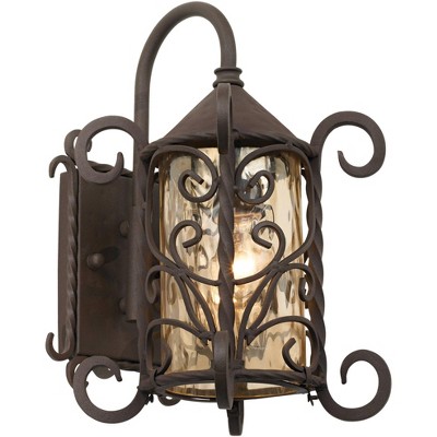 Rustic Dark Walnut Iron Scroll Outdoor Wall Light with Champagne Glass