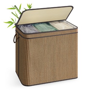 3-Section Laundry Hamper, 44.9 Gal Bamboo Clothes Sorter with Lid & Removable Washable Bags, Foldable for Bedroom Living Room - 1 of 4