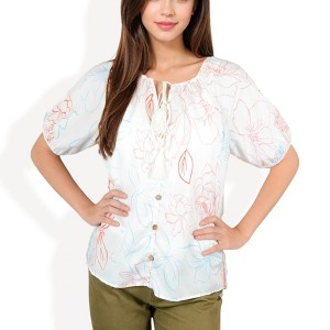 Anna-Kaci Women's Floral Print Short Sleeve Blouse with Tassel Tie Neckline Relaxed Fit Top - 1 of 4