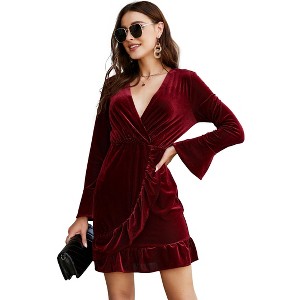 Coolmee Womens Velvet Bodycon Mini Dress Long Sleeve Wrap V Neck Ruffle Hem Fall Winter Cocktail Party Dresses - 1 of 4