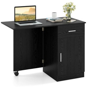 Costway Folding Computer Desk with Drawer Cabinet & Adjustable Shelf Wheel for Living Room, Black/White - 1 of 4